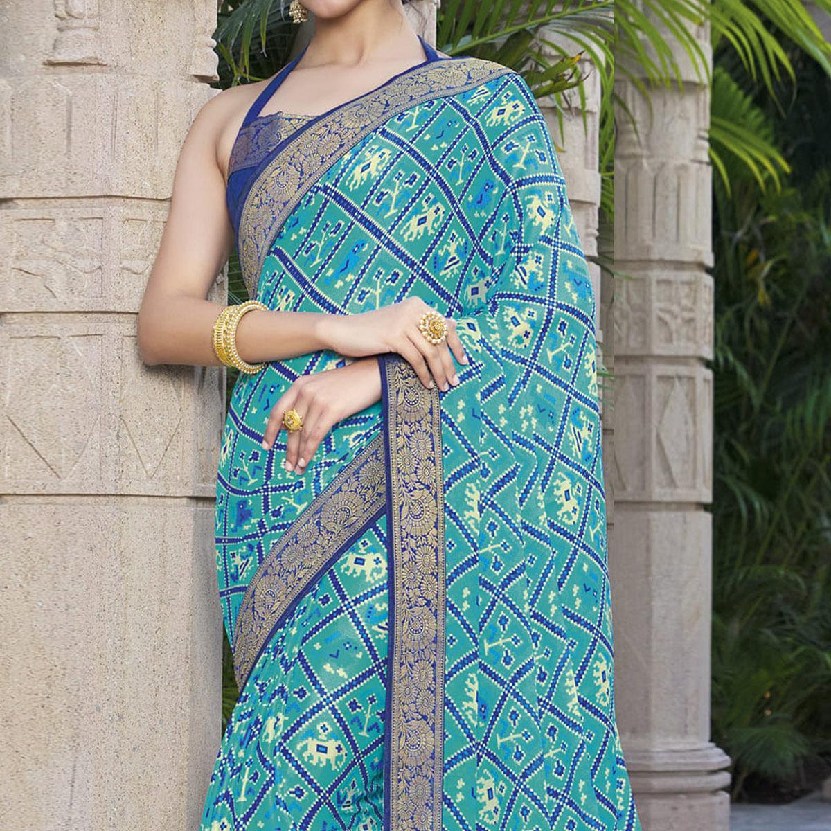 Blue Festive Wear Printed Chiffon Saree - Peachmode
