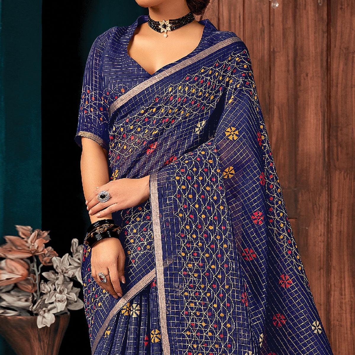 Blue Festive Wear Printed Cotton Saree - Peachmode