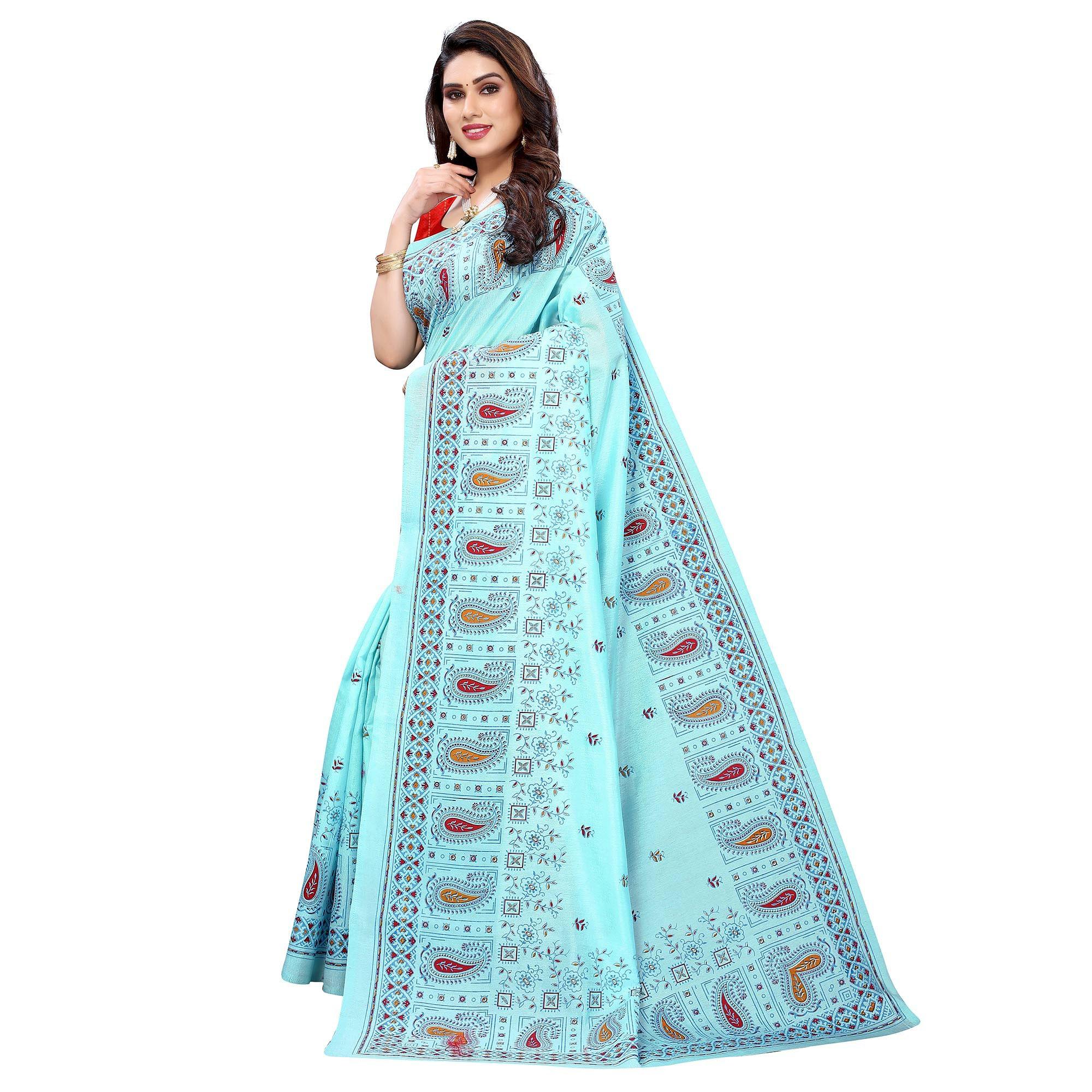 Blue Festive Wear Printed Cotton Silk Saree - Peachmode