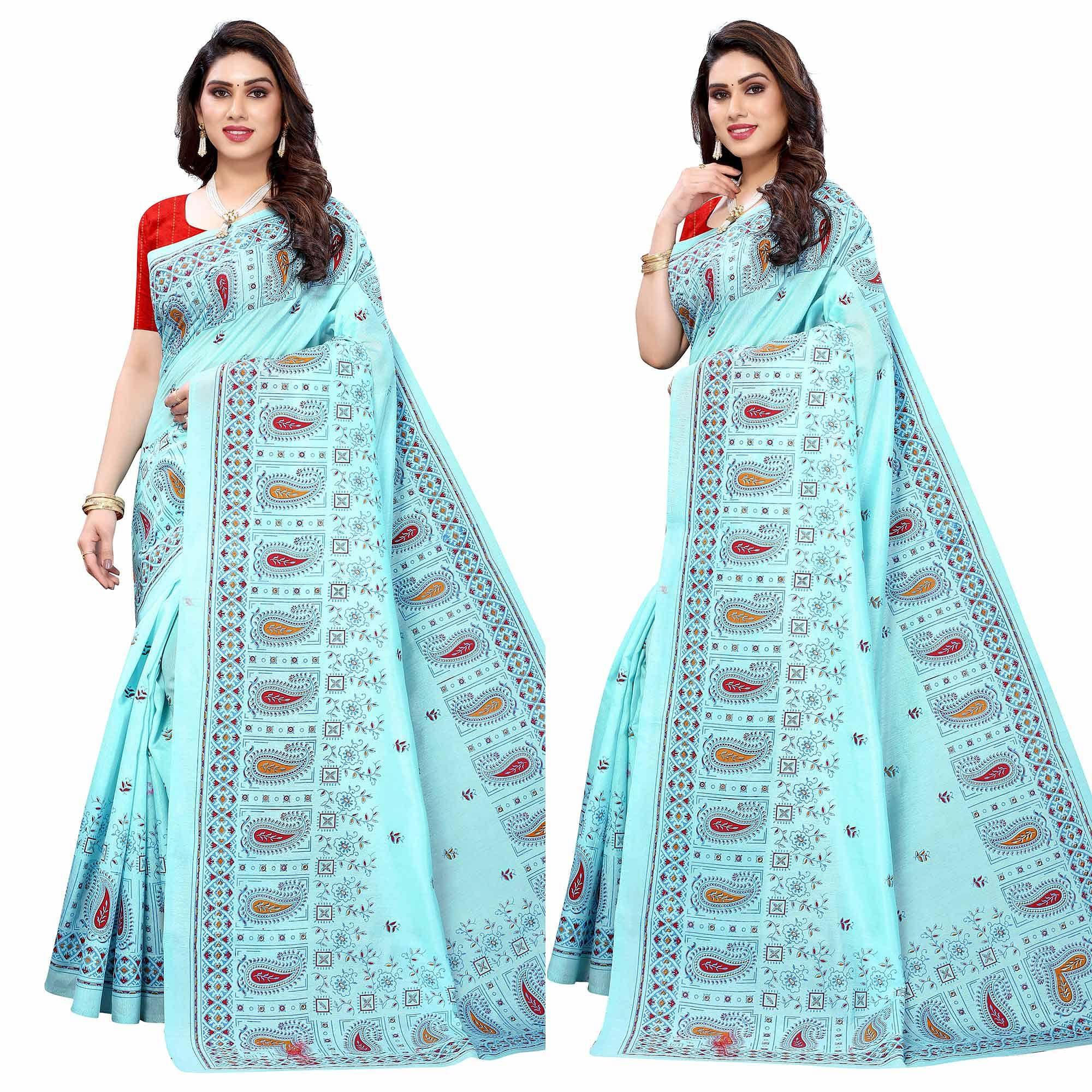 Blue Festive Wear Printed Cotton Silk Saree - Peachmode