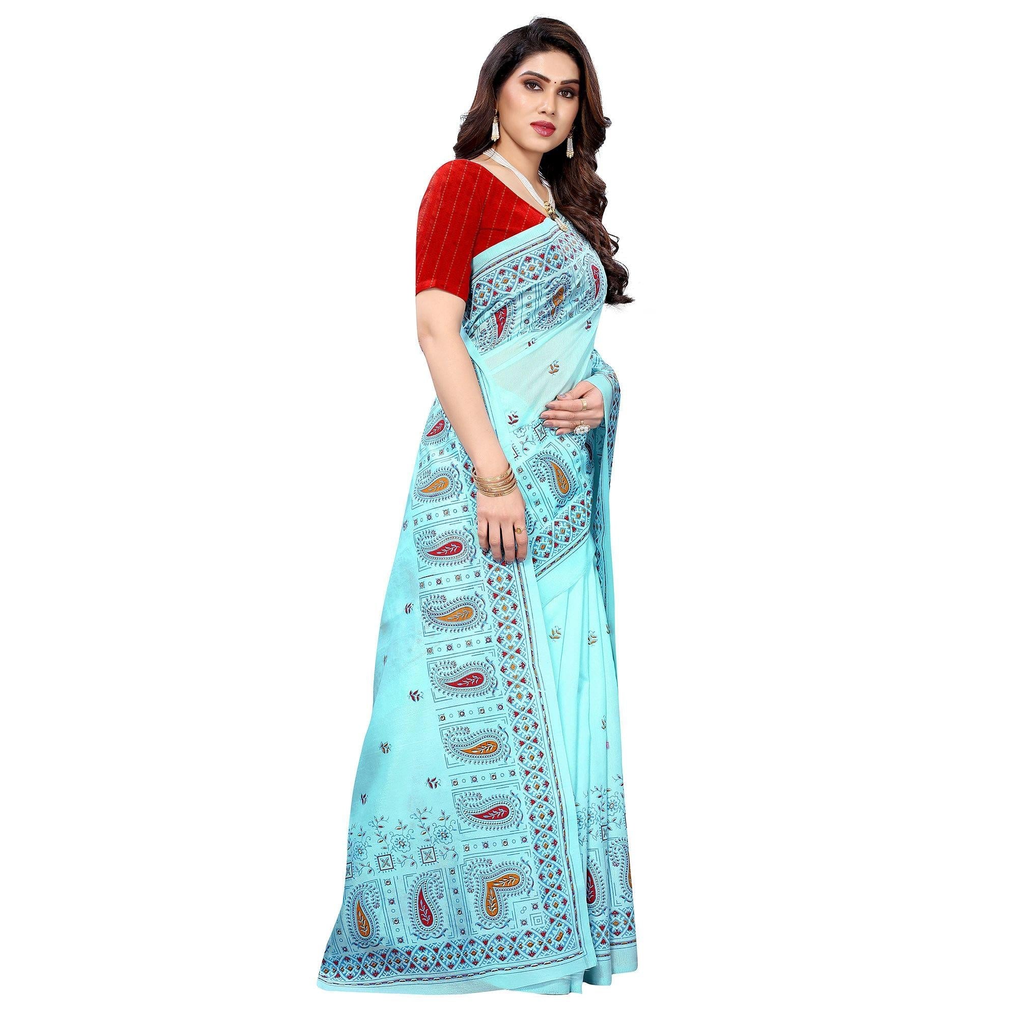 Blue Festive Wear Printed Cotton Silk Saree - Peachmode