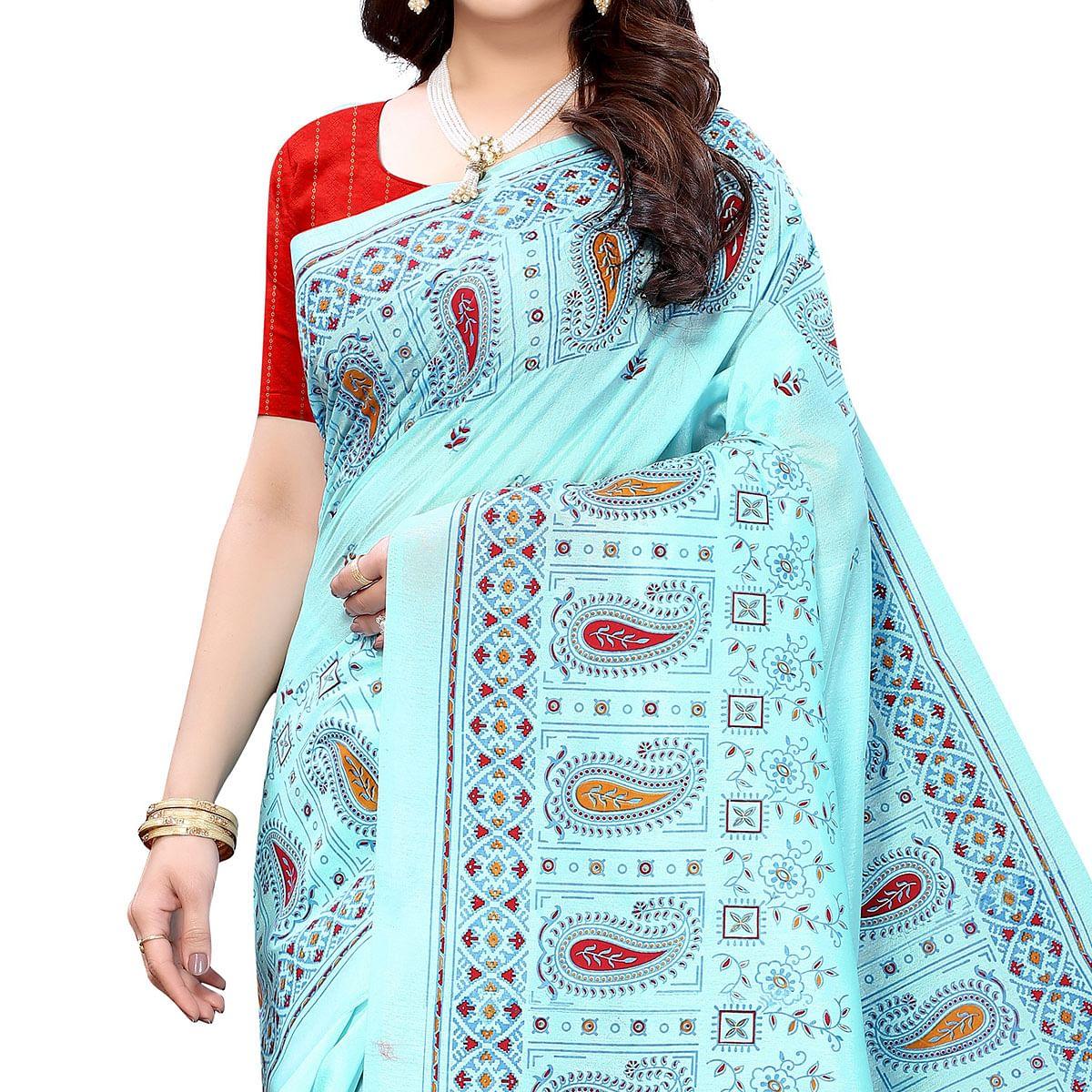 Blue Festive Wear Printed Cotton Silk Saree - Peachmode