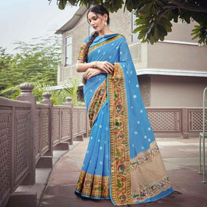 Blue Festive Wear Printed Linen Saree With Border - Peachmode