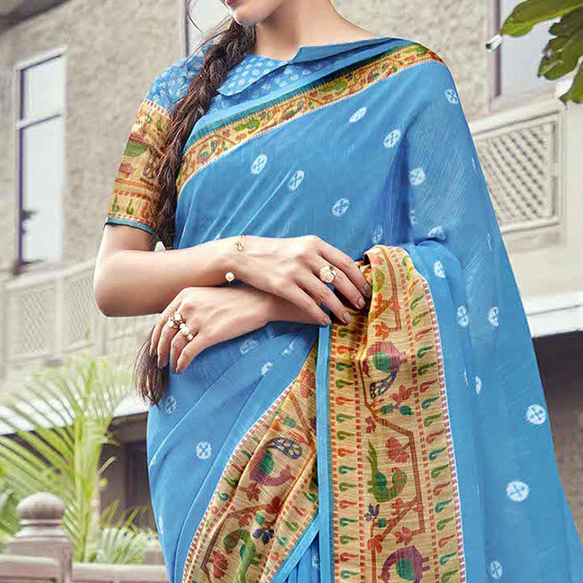 Blue Festive Wear Printed Linen Saree With Border - Peachmode