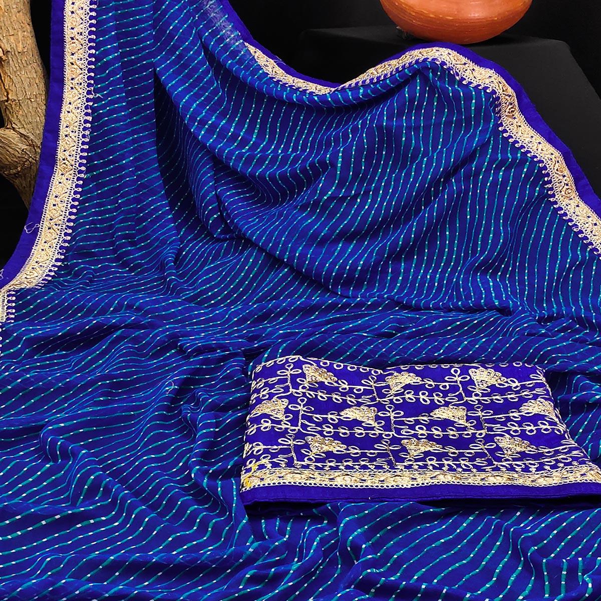 Blue Festive Wear Printed With Lace Border Georgette Saree - Peachmode