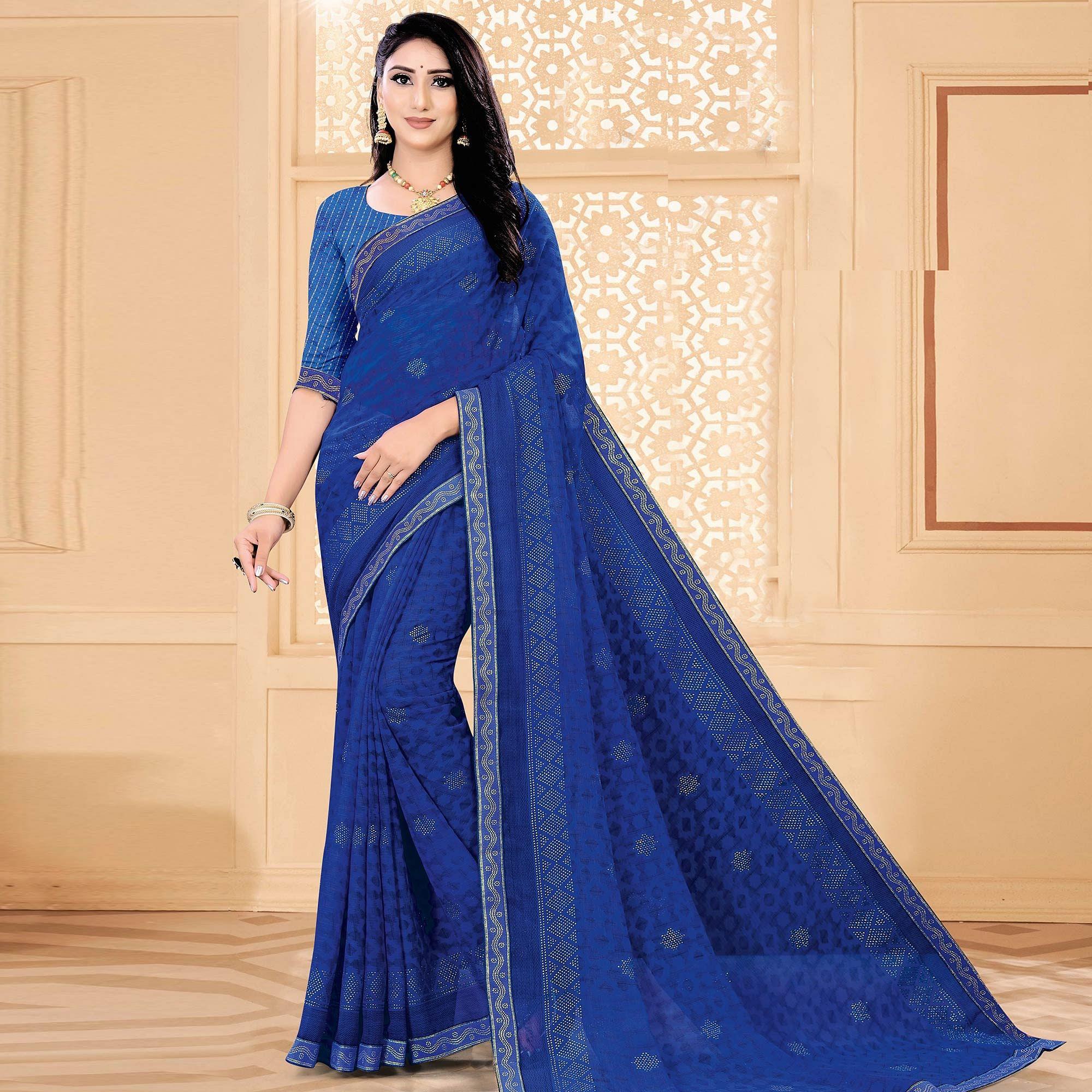Blue Festive Wear Printed With Lace Work Chiffon Designer Saree - Peachmode