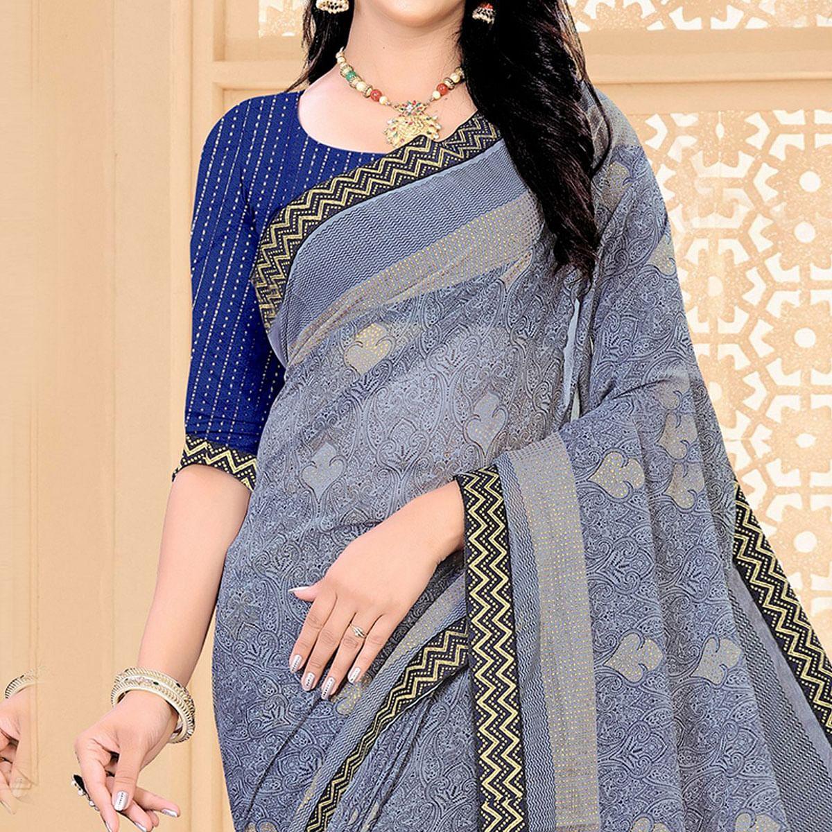 Blue Festive Wear Printed With Lace Work Chiffon Designer Saree - Peachmode