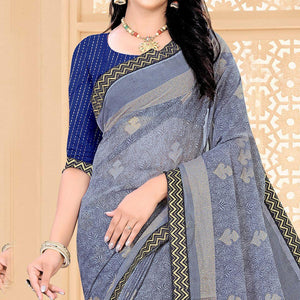 Blue Festive Wear Printed With Lace Work Chiffon Designer Saree - Peachmode