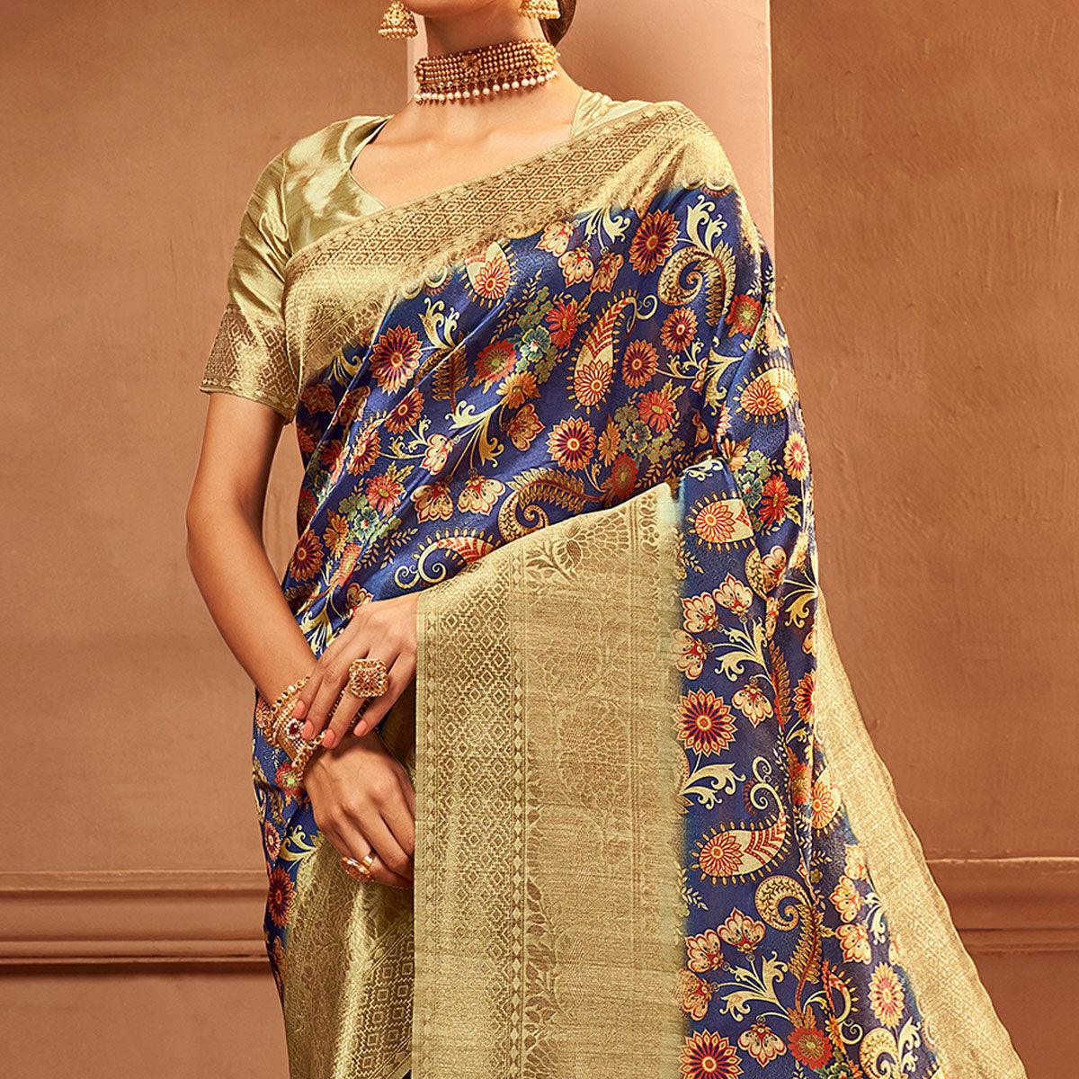 Blue Festive Wear Pure Digital Prints Jacquard Silk Saree - Peachmode