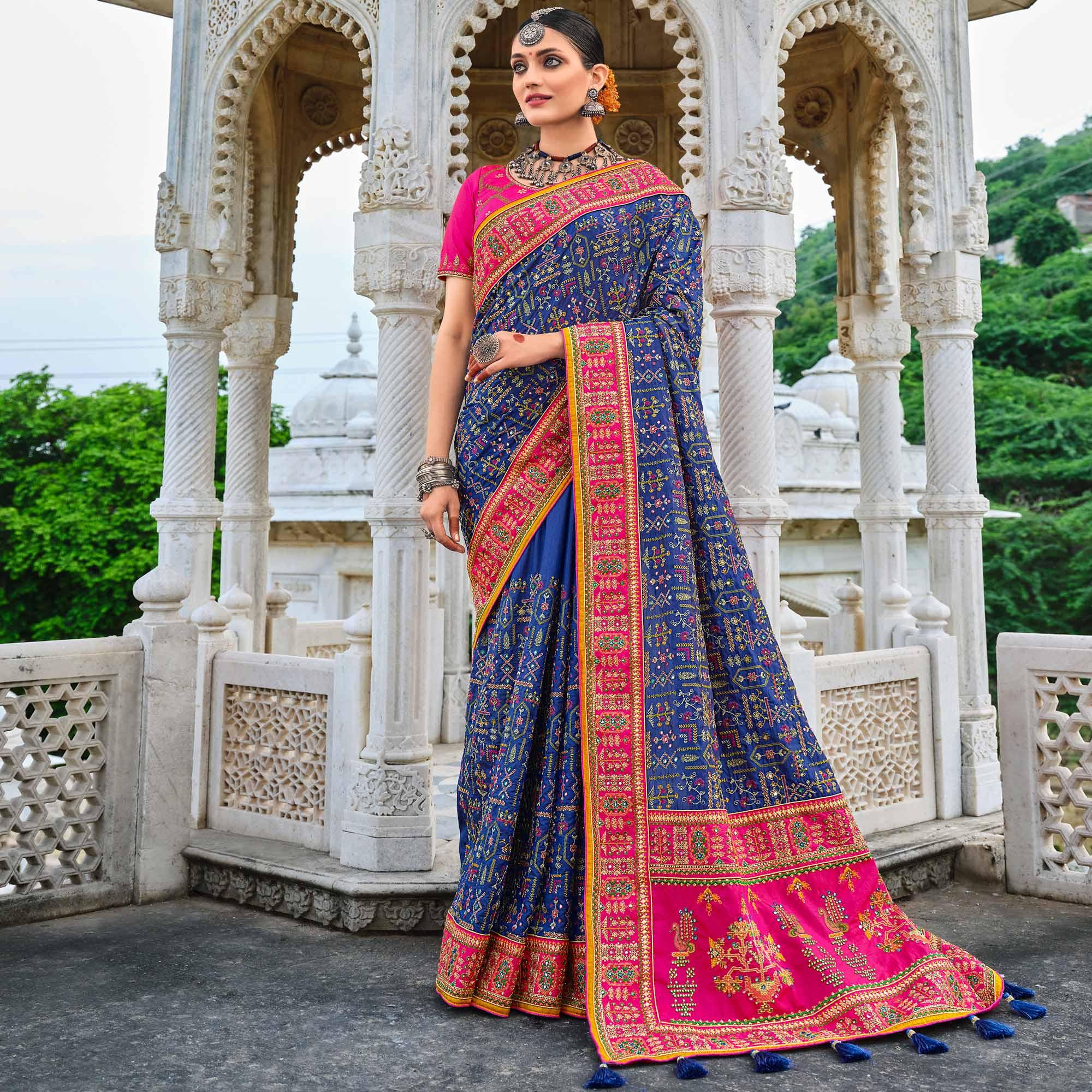 Blue Festive Wear Pure Kachhi Embellished Banarasi Silk Saree - Peachmode