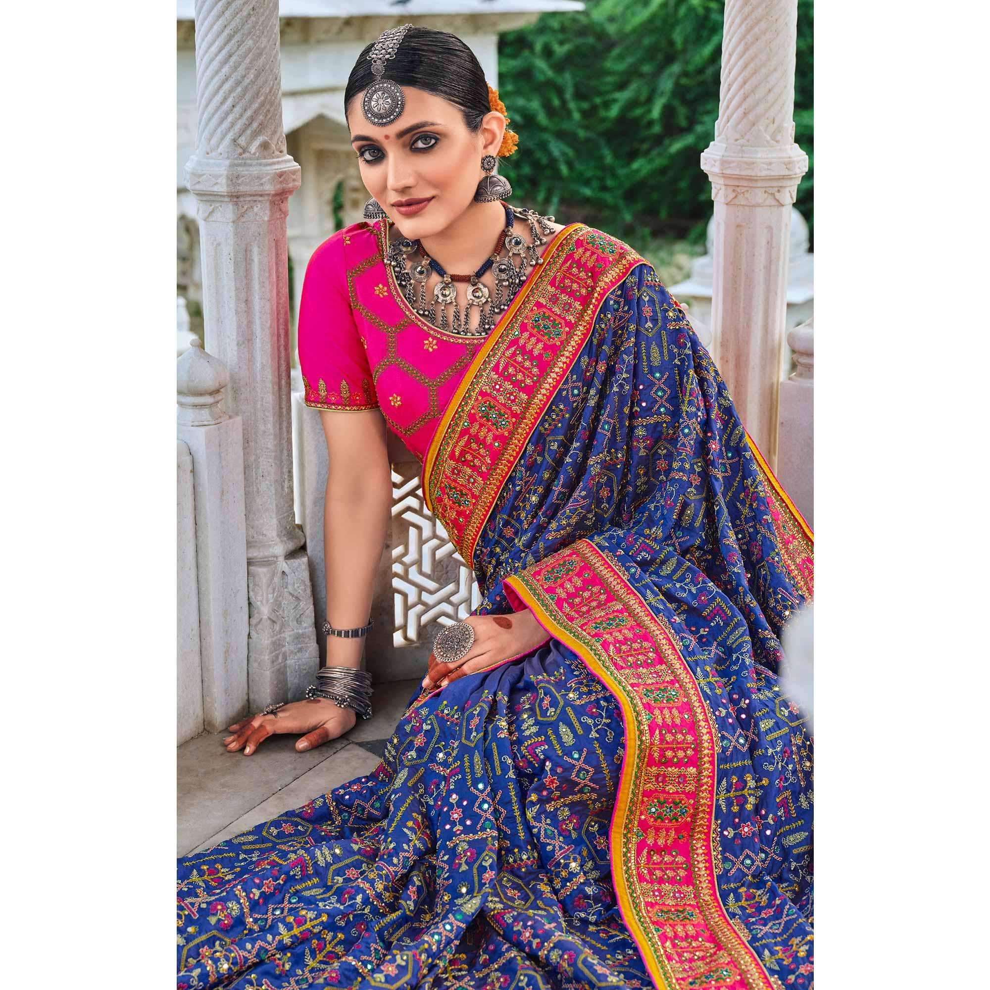 Blue Festive Wear Pure Kachhi Embellished Banarasi Silk Saree - Peachmode