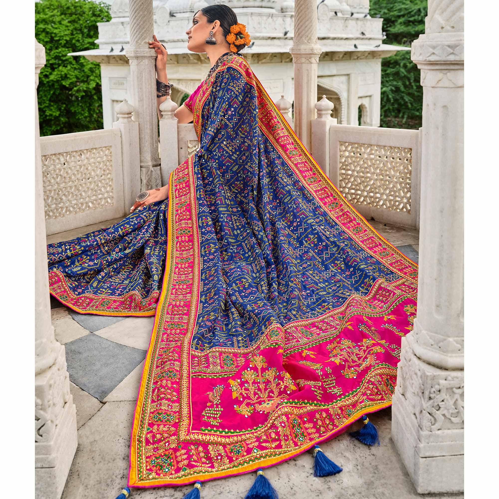 Blue Festive Wear Pure Kachhi Embellished Banarasi Silk Saree - Peachmode