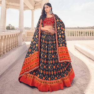 Blue Festive Wear Satin Digital Floral Printed Lehenga Choli - Peachmode