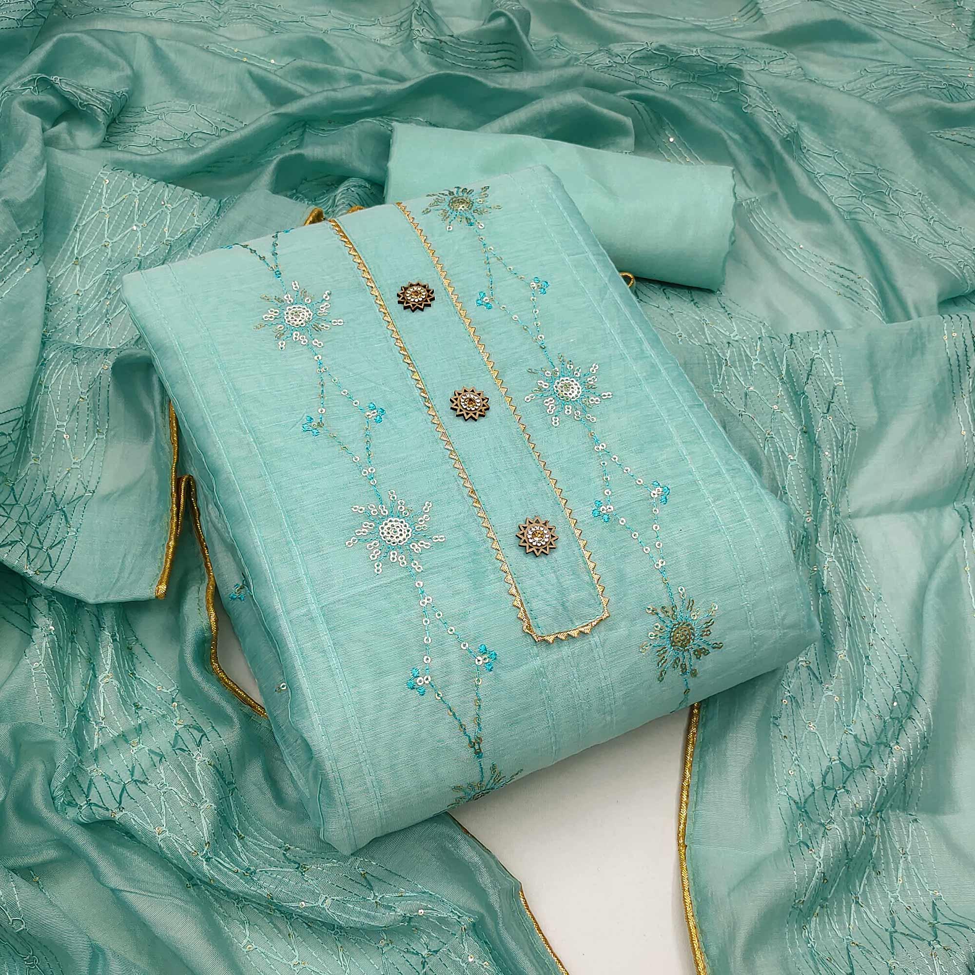 Blue Festive Wear Sequecne Embroidery Modal Dress Material - Peachmode