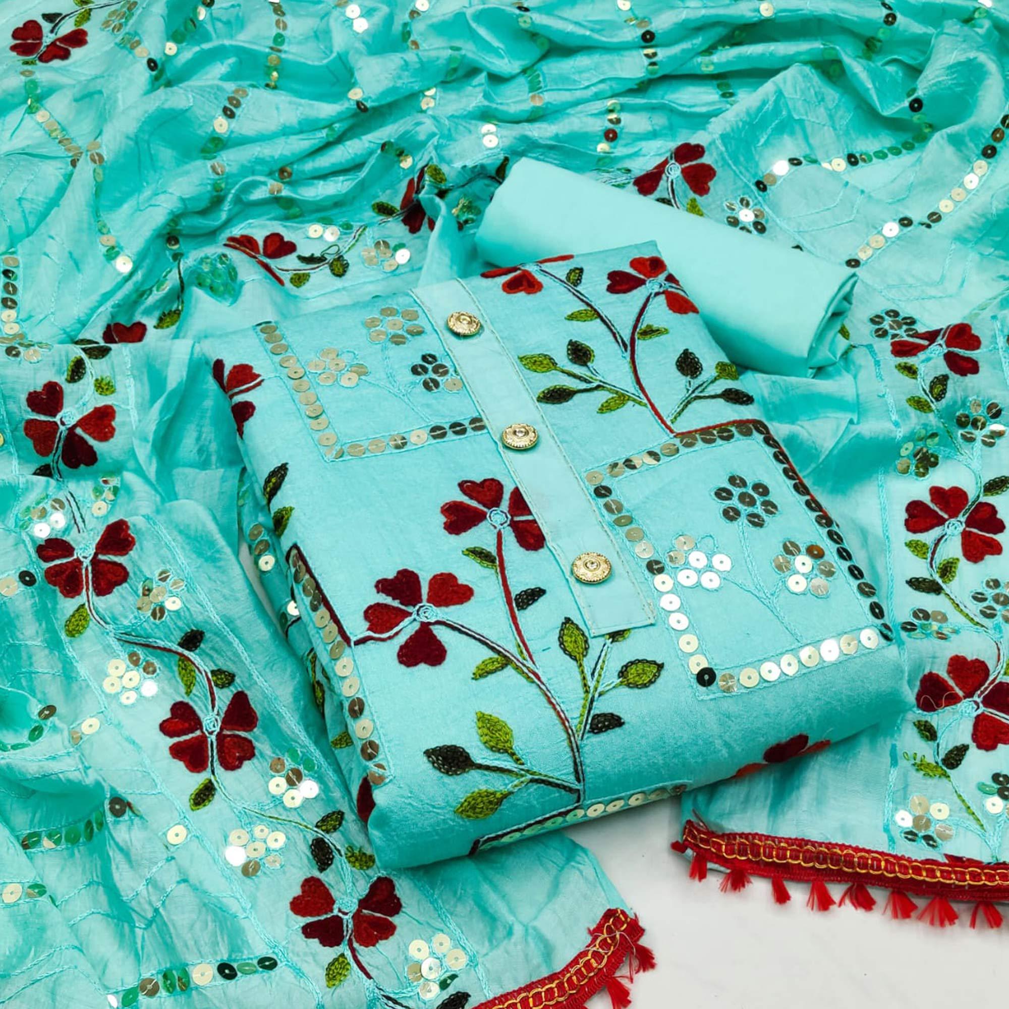 Blue Festive Wear Sequence Embroidered Chanderi Dress Material - Peachmode