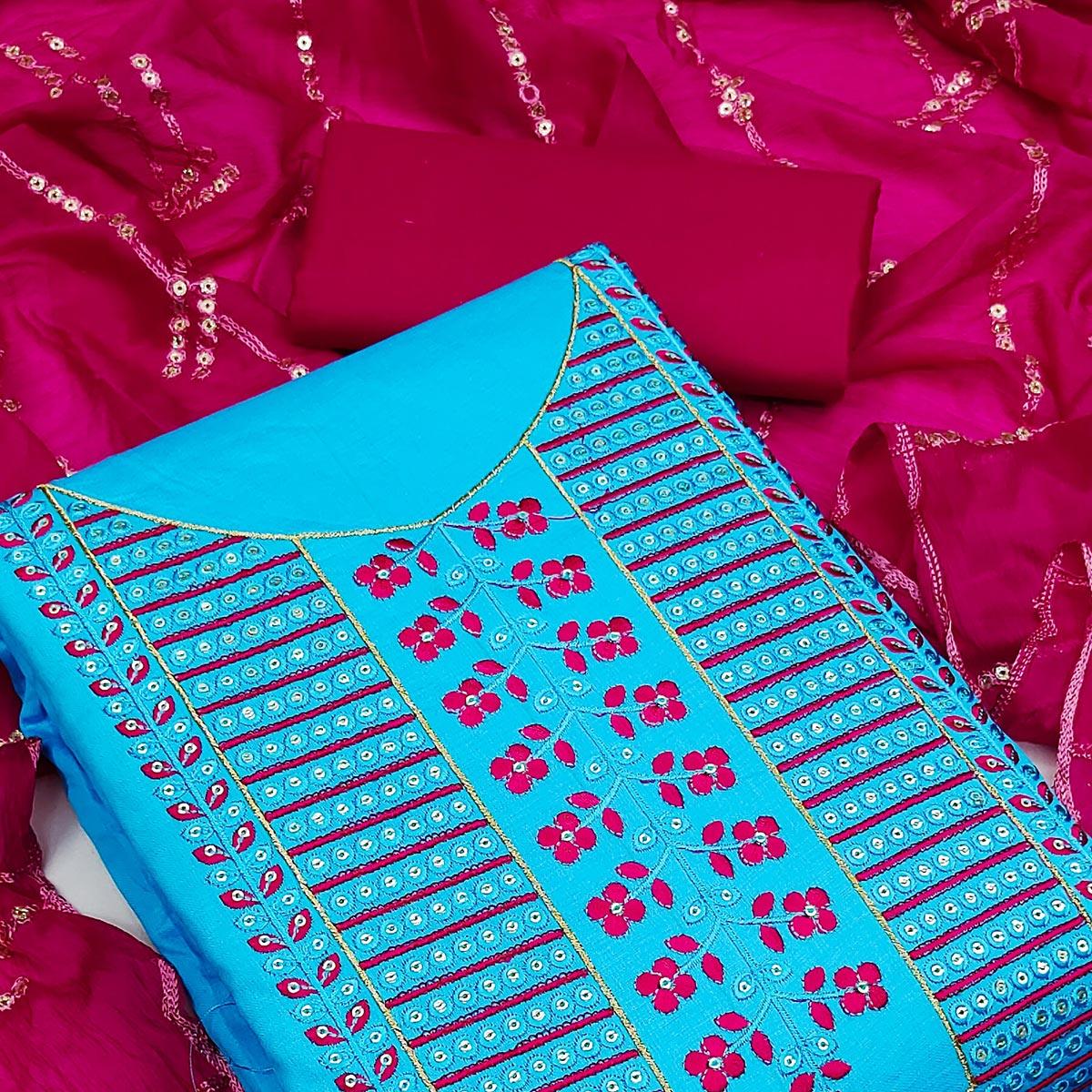 Blue Festive Wear Sequence Embroidered Cotton Dress Material - Peachmode