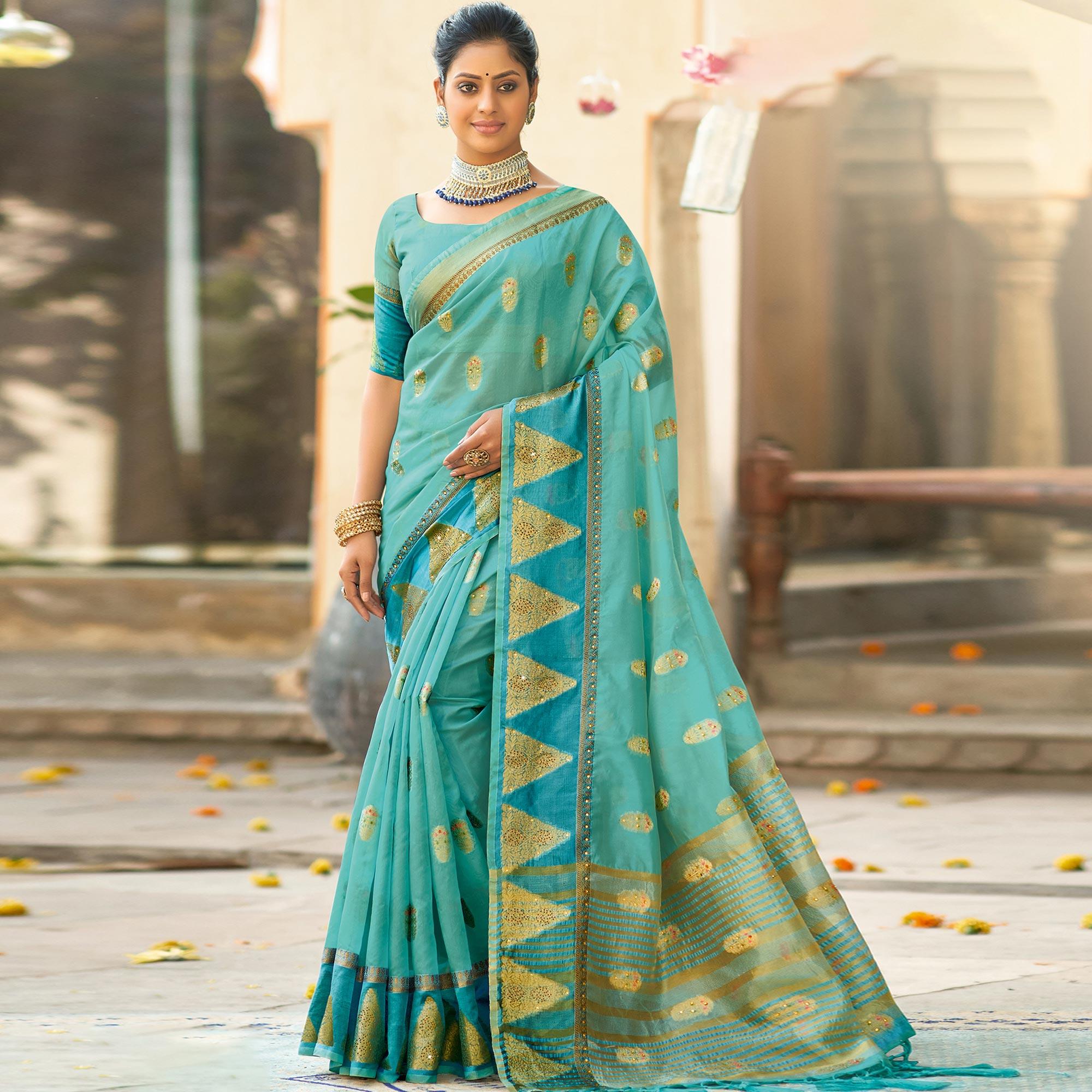 Blue Festive Wear Sequence Embroidered Organza Saree - Peachmode