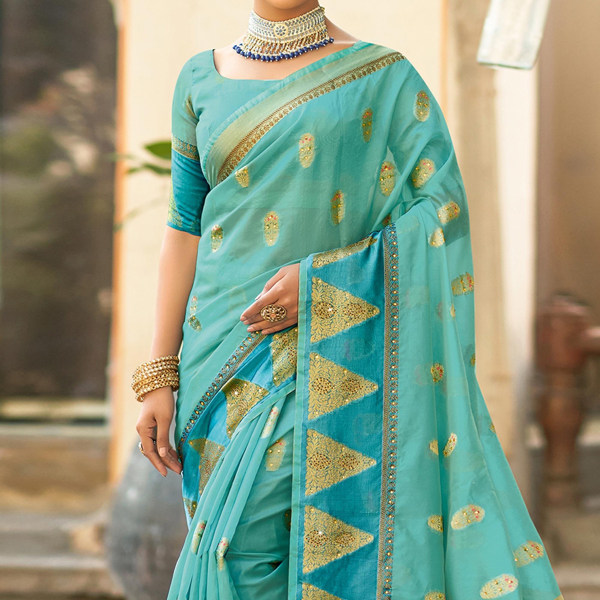 Blue Festive Wear Sequence Embroidered Organza Saree - Peachmode