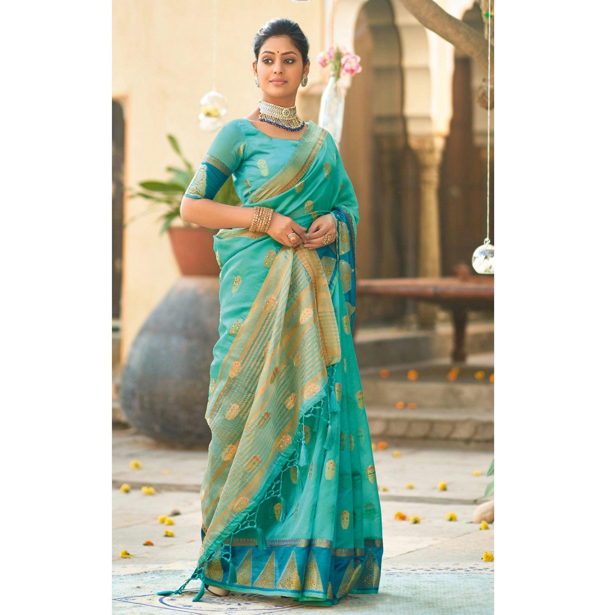 Blue Festive Wear Sequence Embroidered Organza Saree - Peachmode