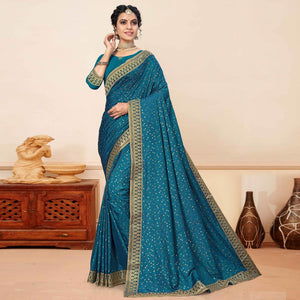 Blue Festive Wear Sequence Embroidered Vichitra Silk Saree - Peachmode