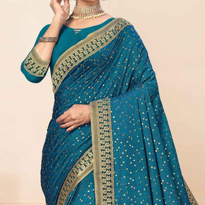 Blue Festive Wear Sequence Embroidered Vichitra Silk Saree - Peachmode