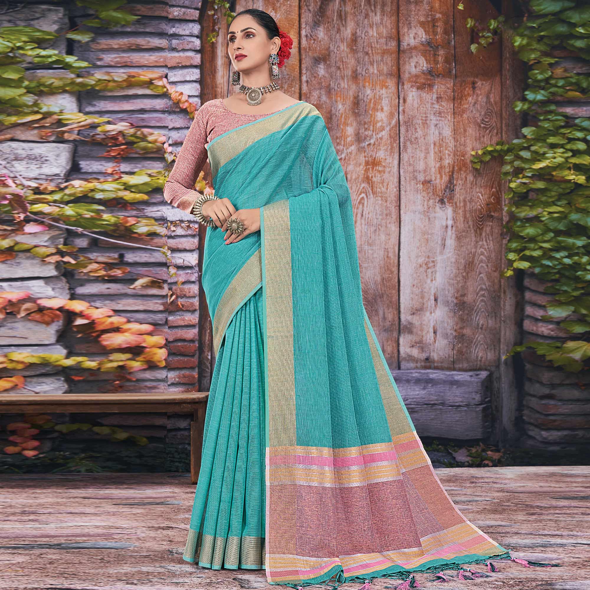 Blue Festive Wear Solid Linen Saree - Peachmode