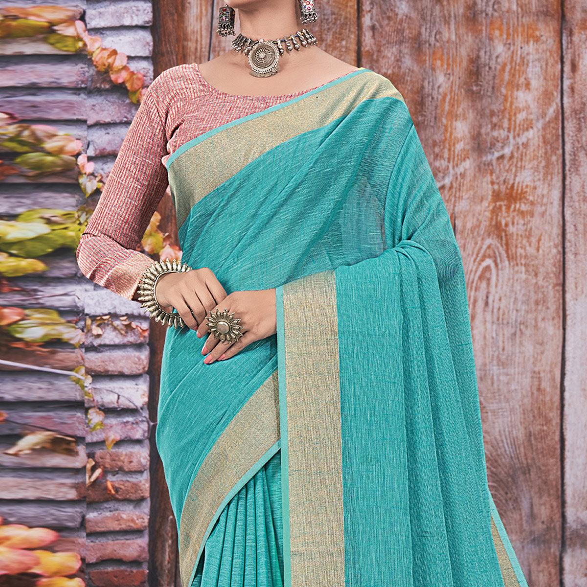 Blue Festive Wear Solid Linen Saree - Peachmode