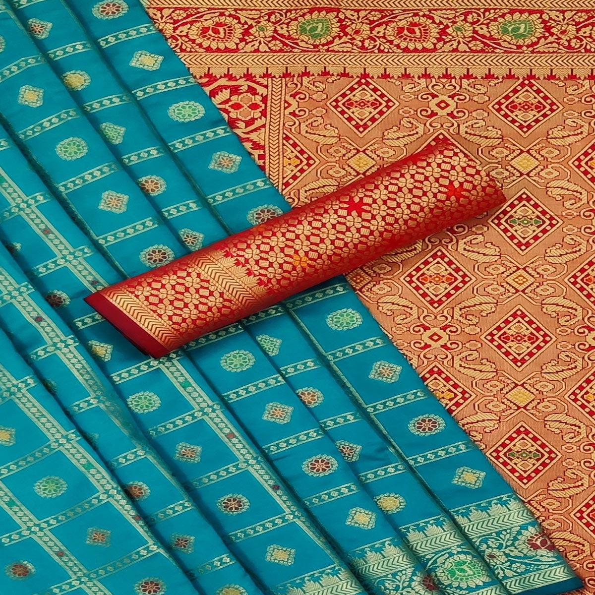 Blue Festive Wear Weaving Silk Saree - Peachmode