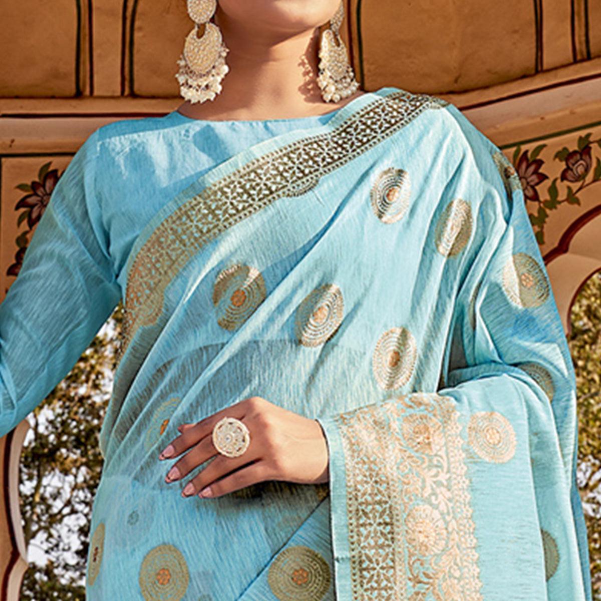 Blue Festive Wear Weaving Work Linen Saree With Tassels - Peachmode