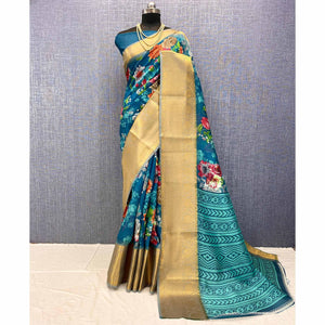 Blue Festive Wear Woven & Printed Chanderi Silk Saree - Peachmode