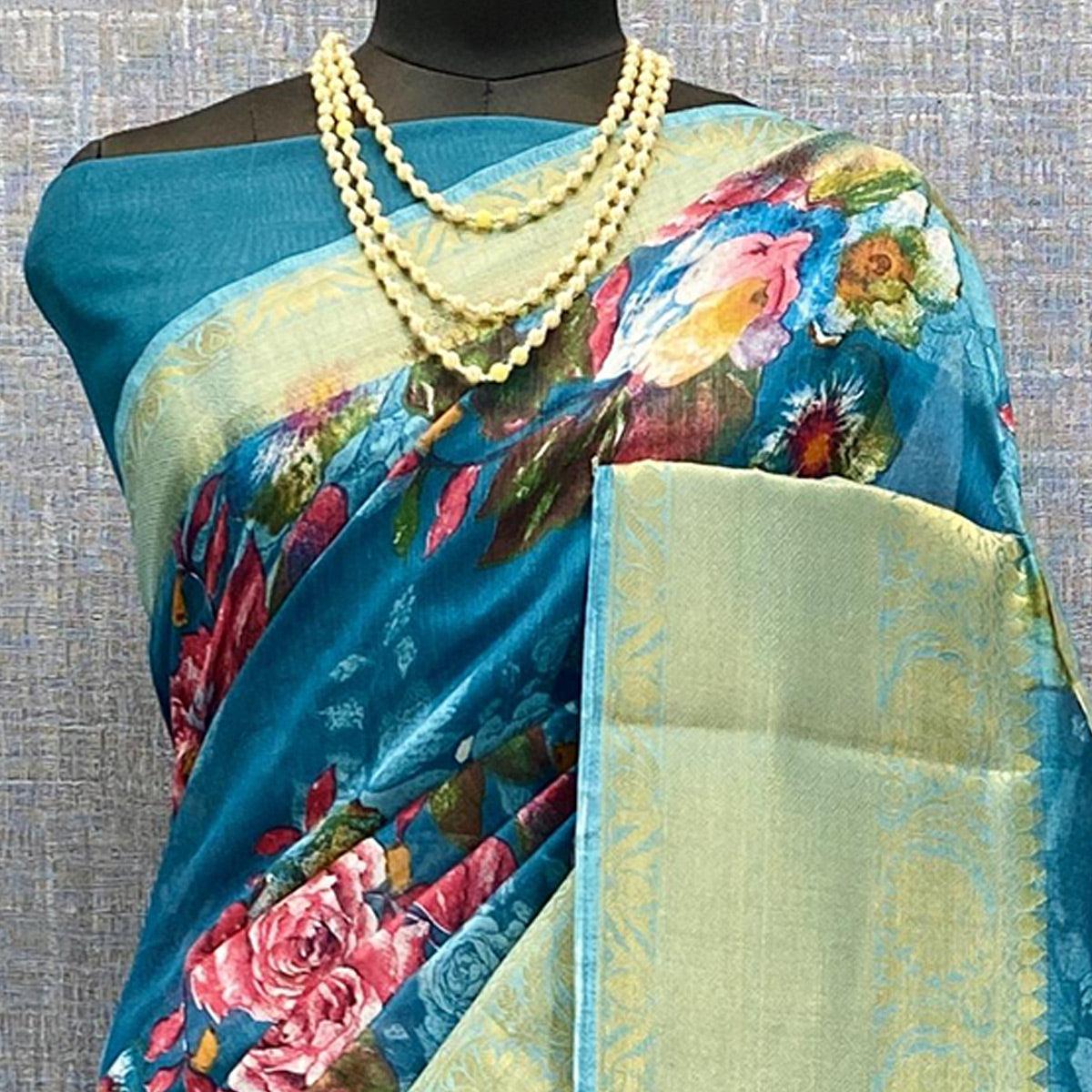 Blue Festive Wear Woven & Printed Chanderi Silk Saree - Peachmode