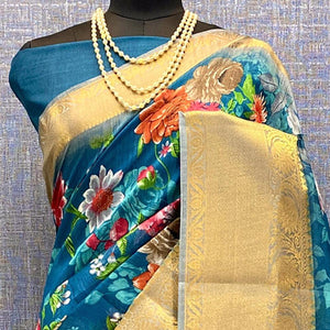 Blue Festive Wear Woven & Printed Chanderi Silk Saree - Peachmode