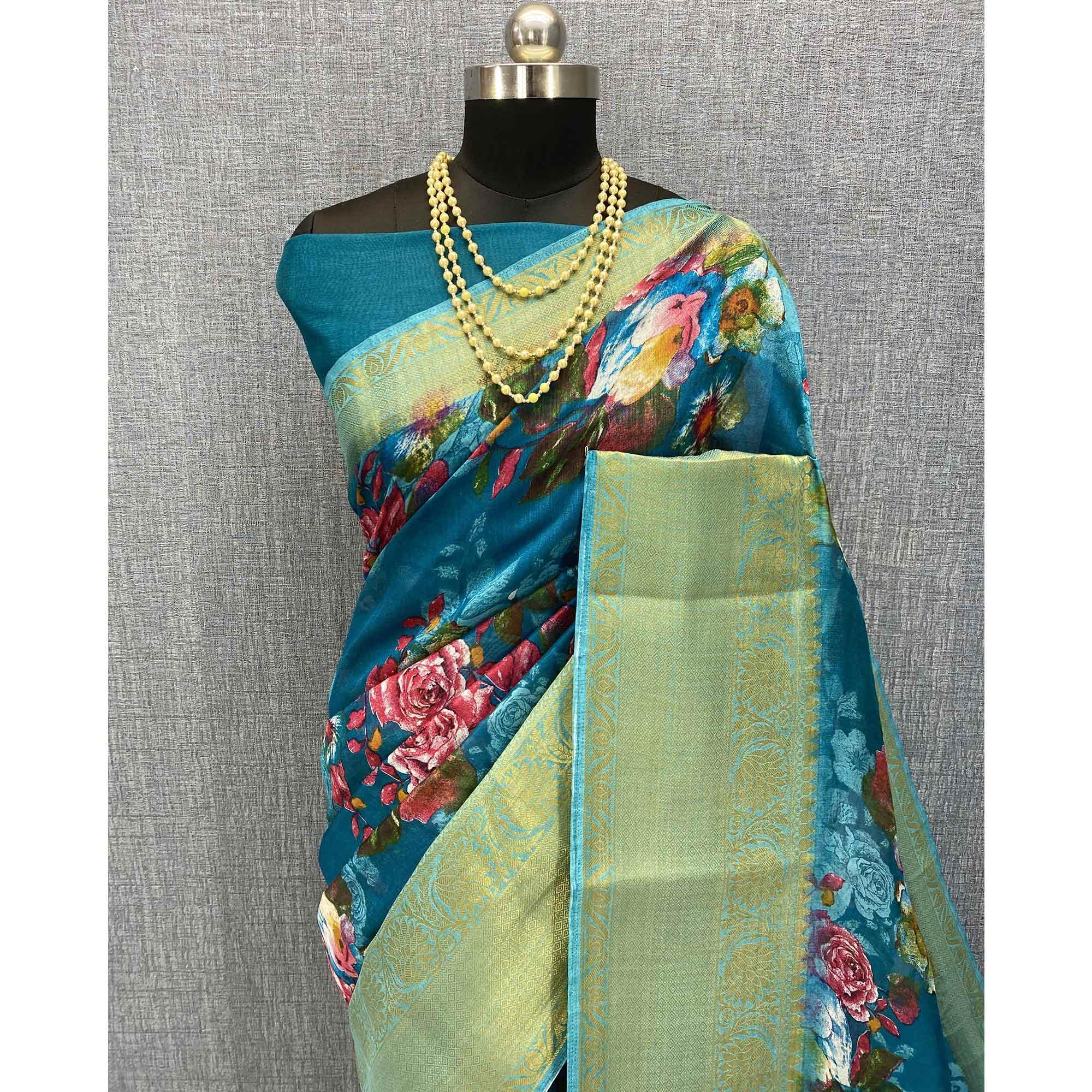 Blue Festive Wear Woven & Printed Chanderi Silk Saree - Peachmode