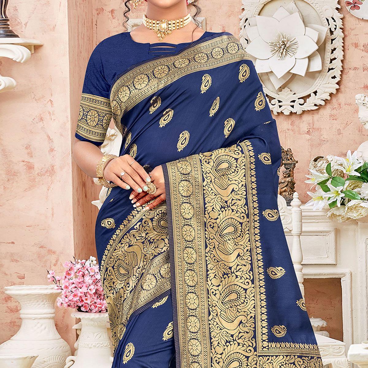 Blue Festive Wear Woven Art Silk Sare - Peachmode