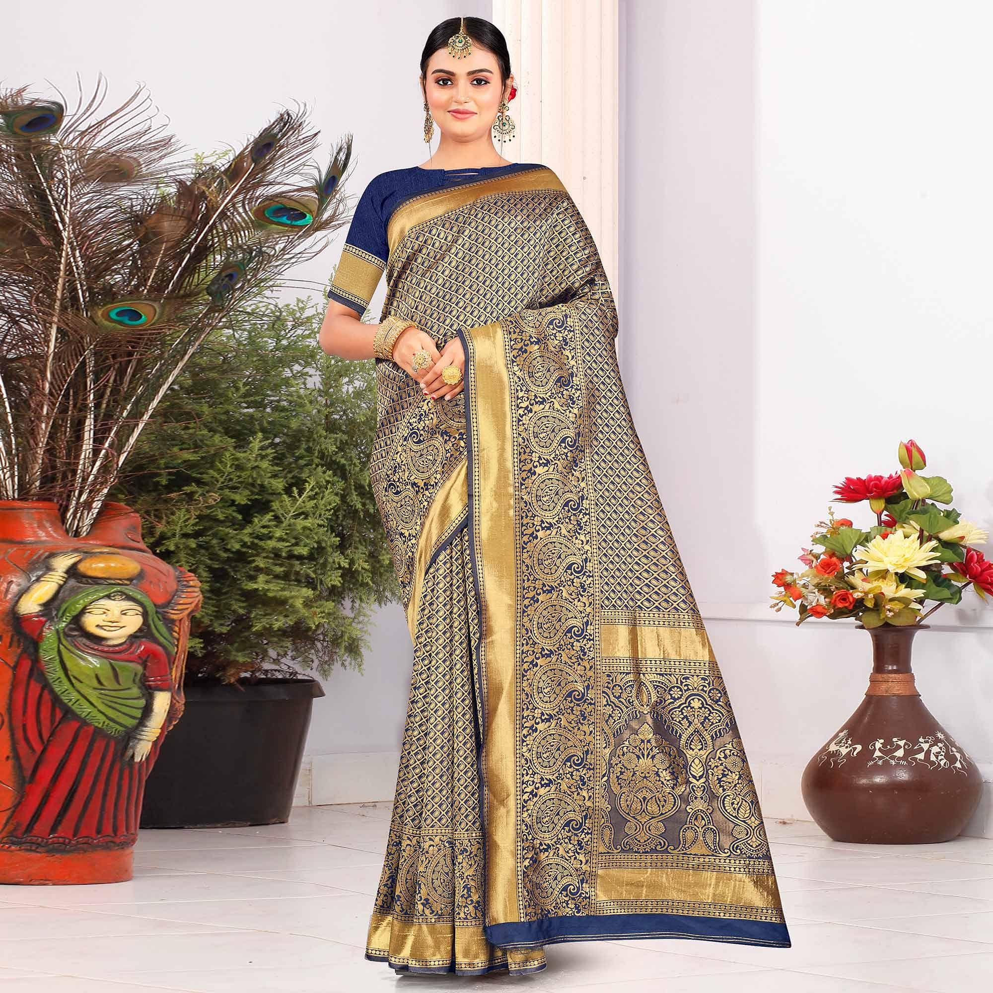 Blue Festive Wear Woven Art Silk Saree - Peachmode
