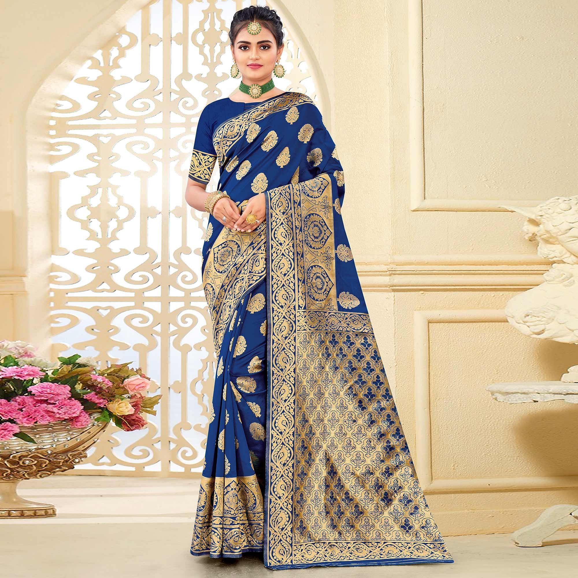 Blue Festive Wear Woven Art Silk Saree - Peachmode