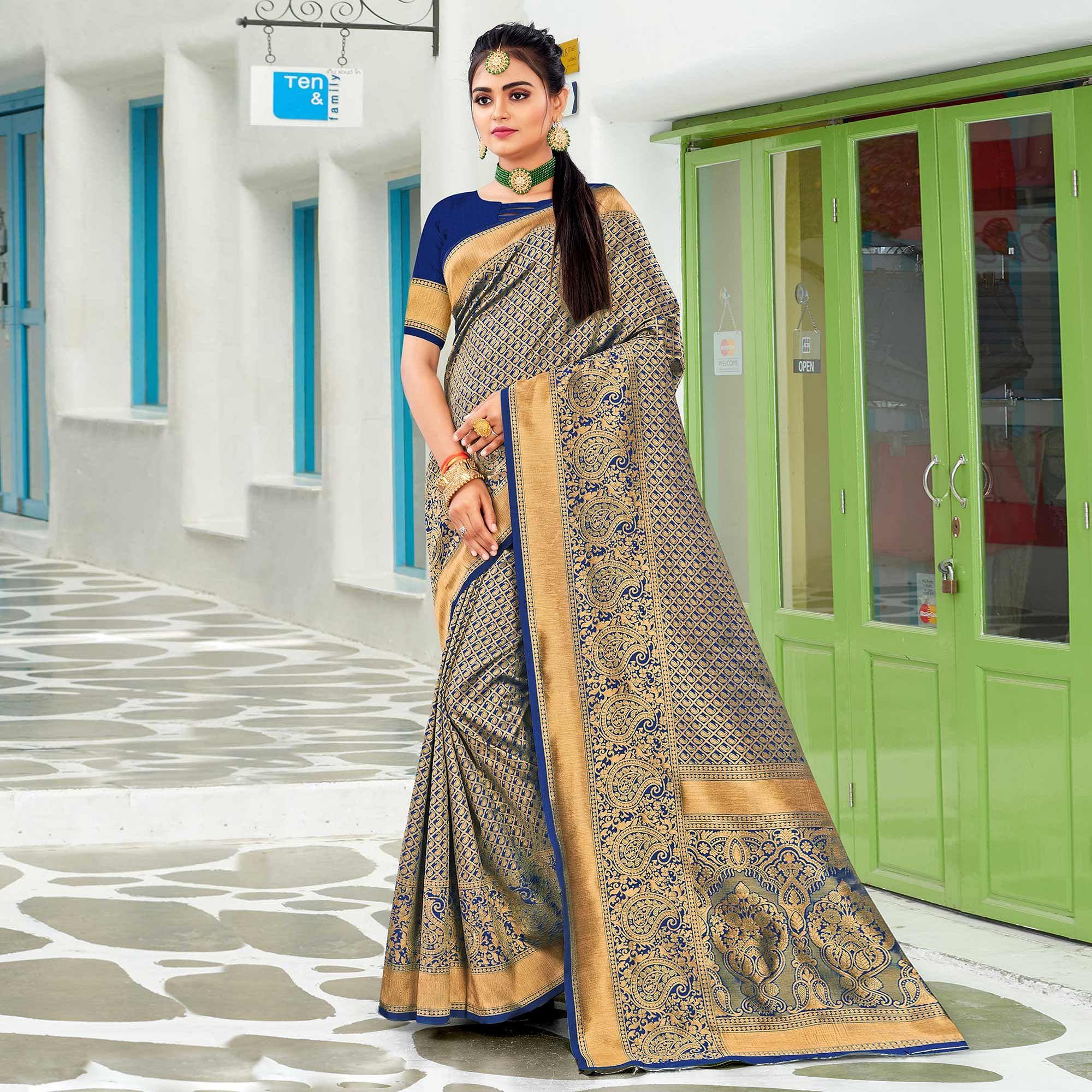 Blue Festive Wear Woven Art Silk Saree - Peachmode