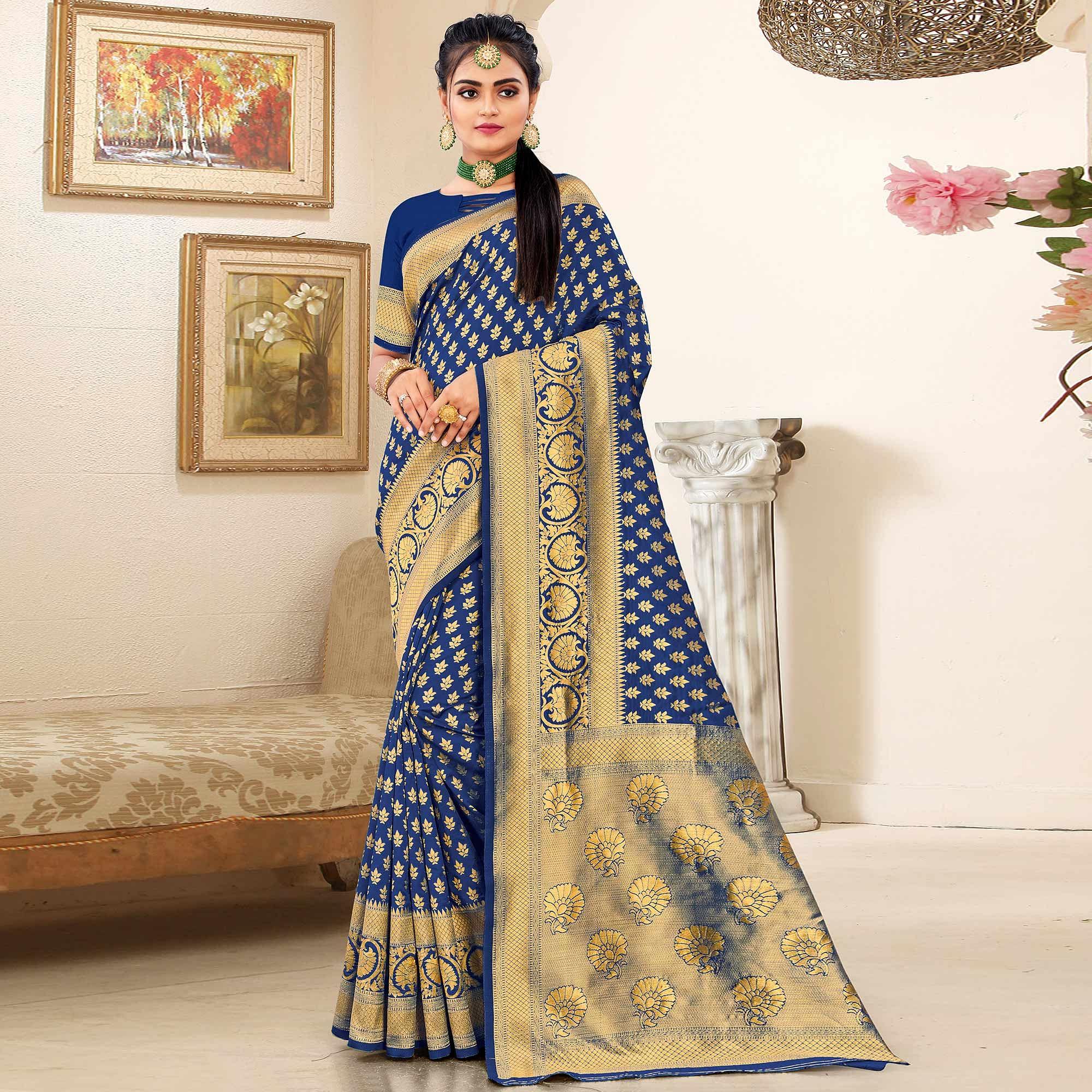 Blue Festive Wear Woven Art Silk Saree - Peachmode