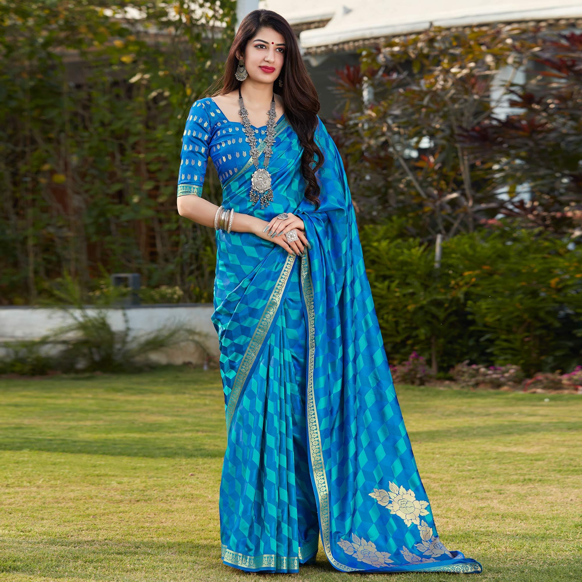 Blue Festive Wear Woven Banarasi Satin Saree - Peachmode