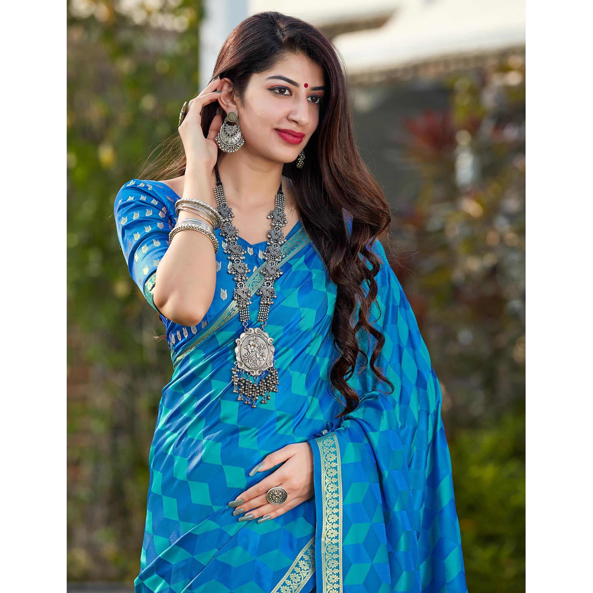 Blue Festive Wear Woven Banarasi Satin Saree - Peachmode