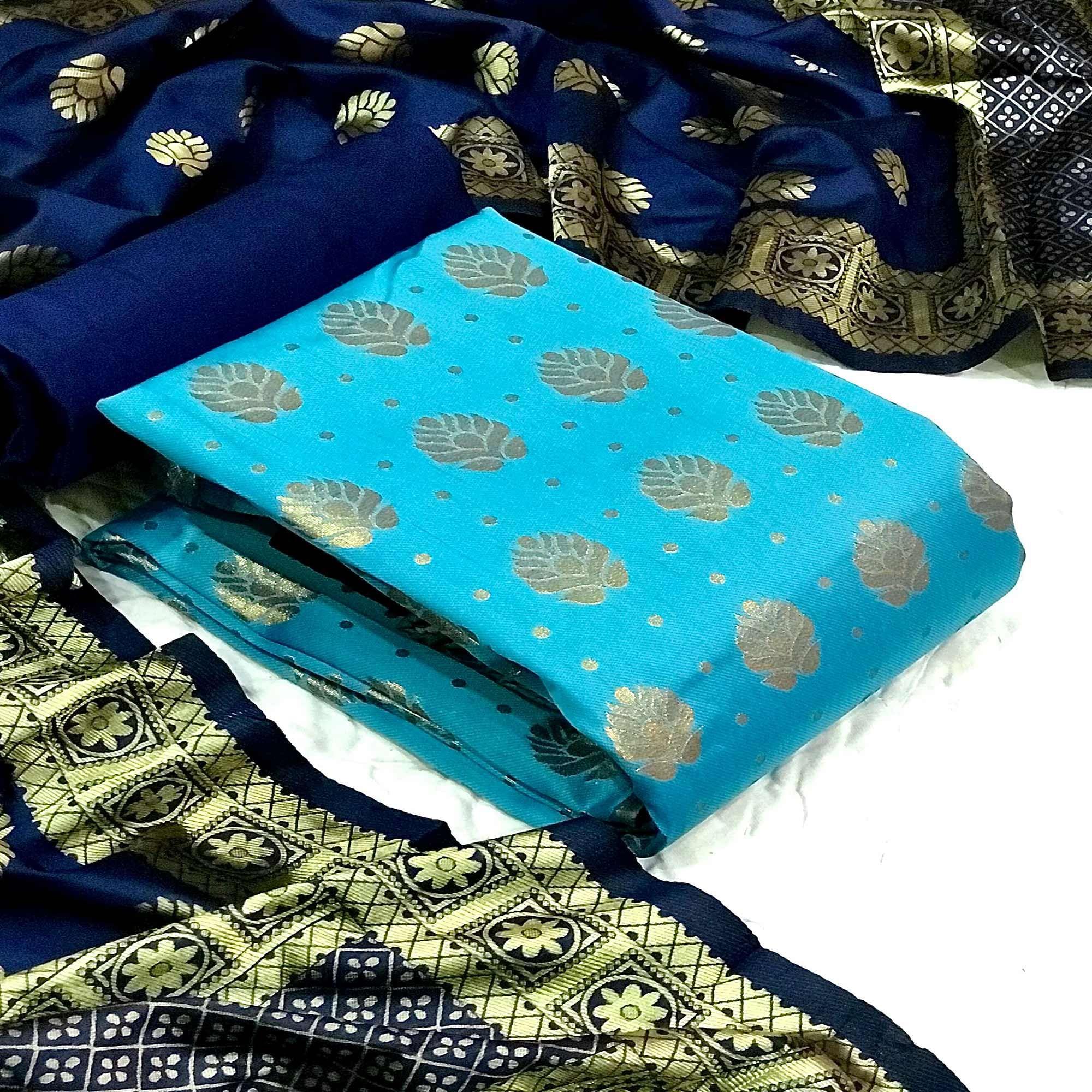 Blue Festive Wear Woven Banarasi Silk Dress Material - Peachmode