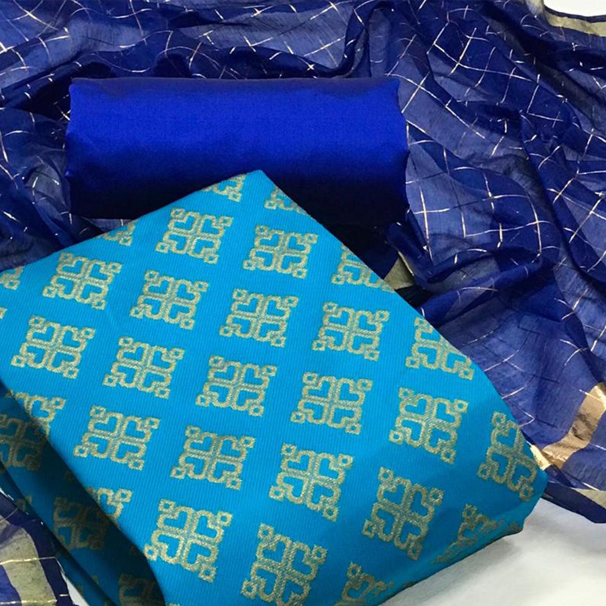 Blue Festive Wear Woven Banarasi Silk Dress Material - Peachmode