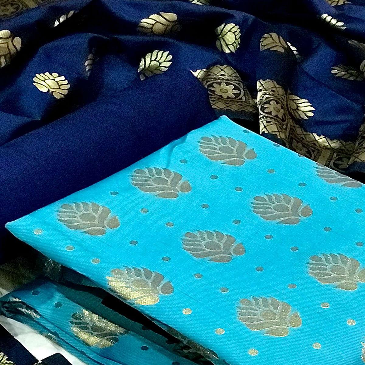 Blue Festive Wear Woven Banarasi Silk Dress Material - Peachmode