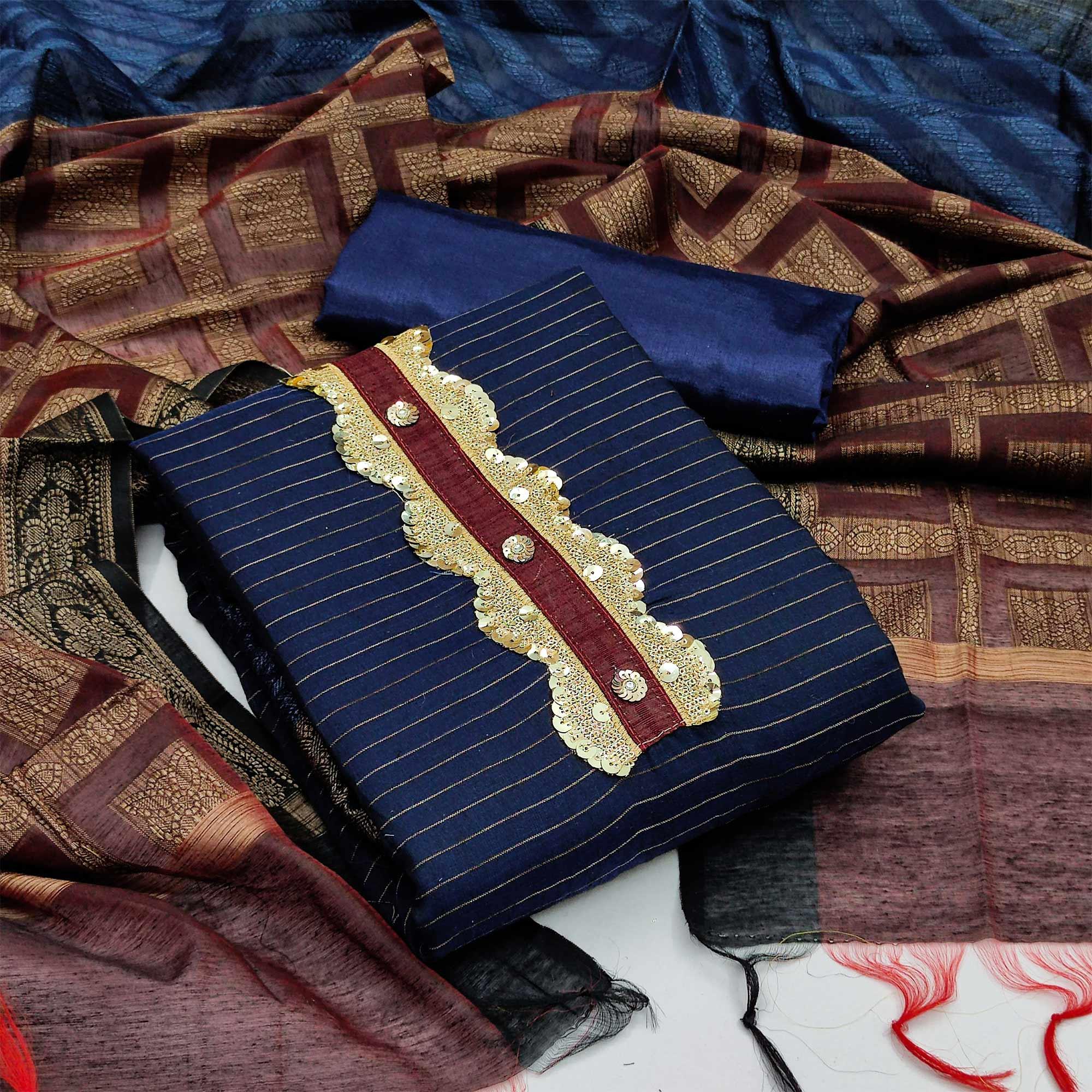 Blue Festive Wear Woven Banarasi Silk Jacquard Dress Material - Peachmode