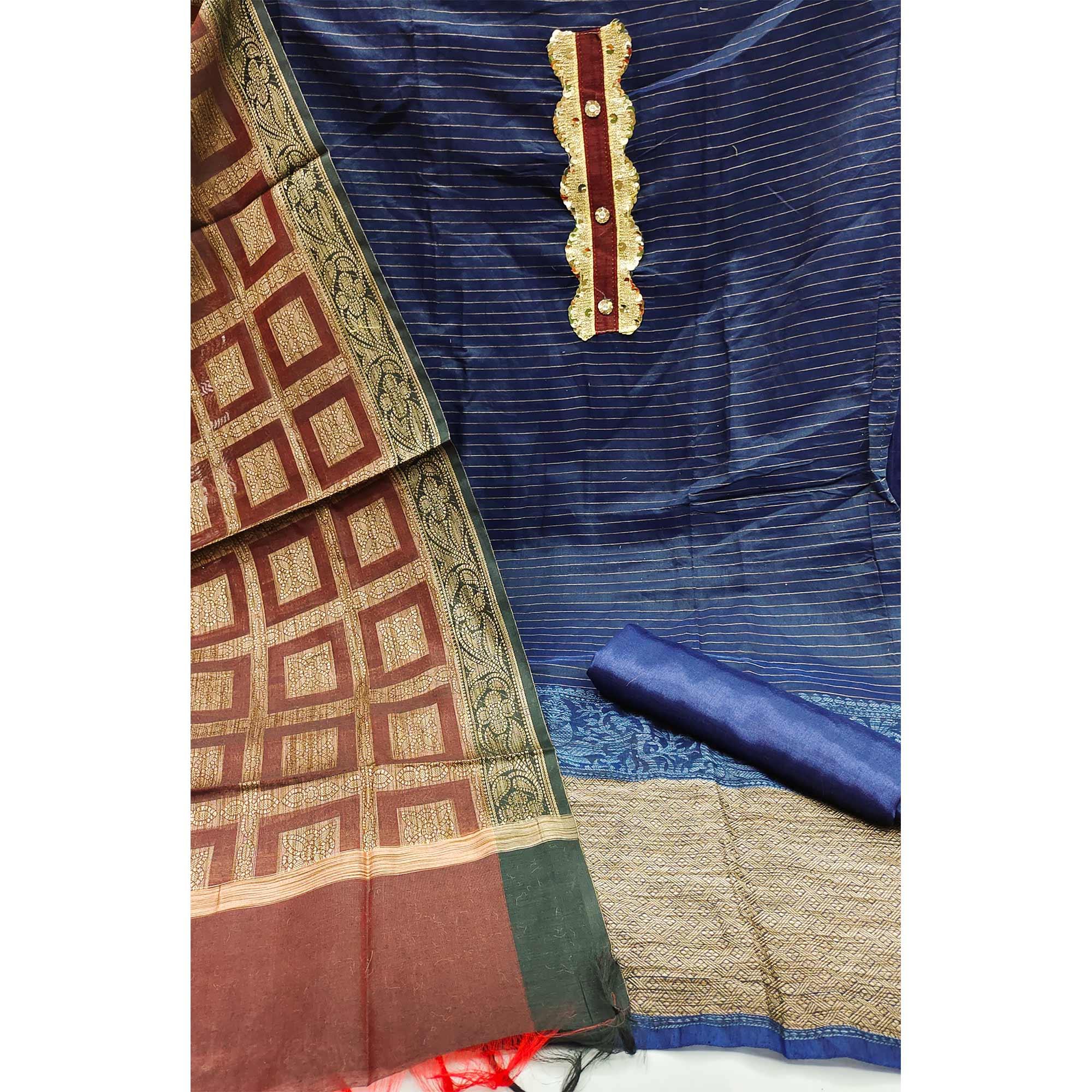 Blue Festive Wear Woven Banarasi Silk Jacquard Dress Material - Peachmode