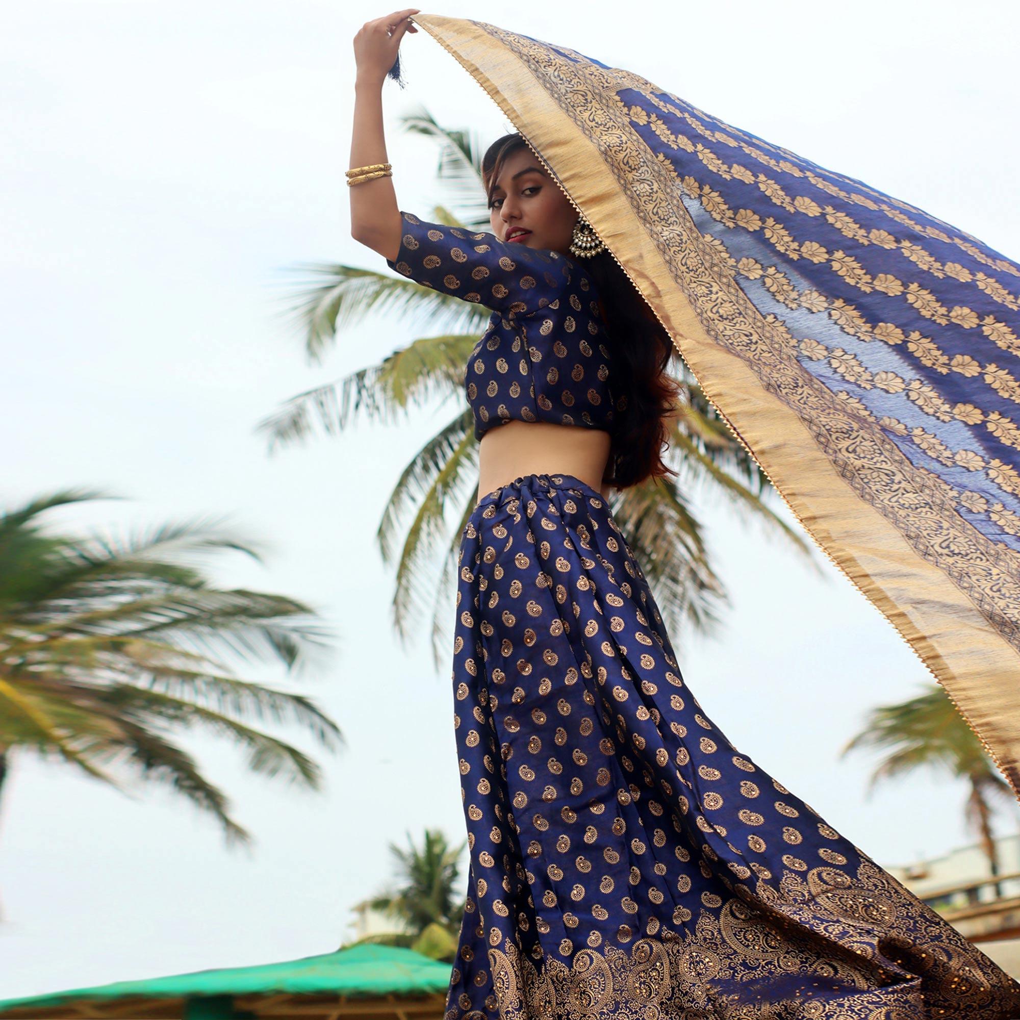 Blue Festive Wear Woven Banarasi Silk Lehenga Choli - Peachmode