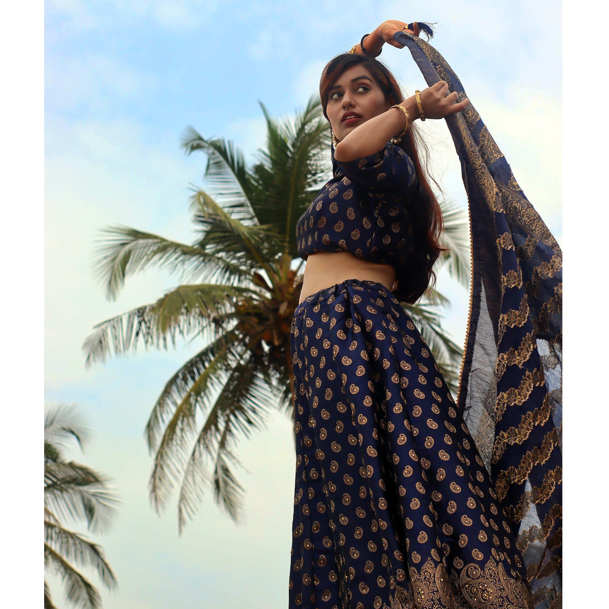 Blue Festive Wear Woven Banarasi Silk Lehenga Choli - Peachmode
