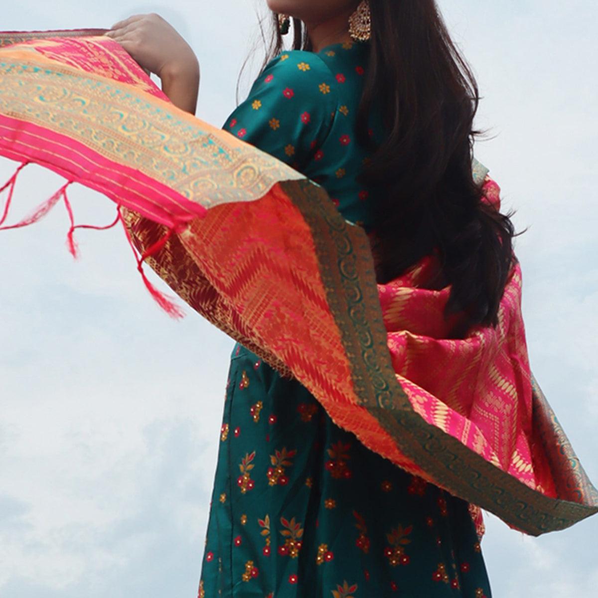 Blue Festive Wear Woven Banarasi Silk Lehenga Choli - Peachmode