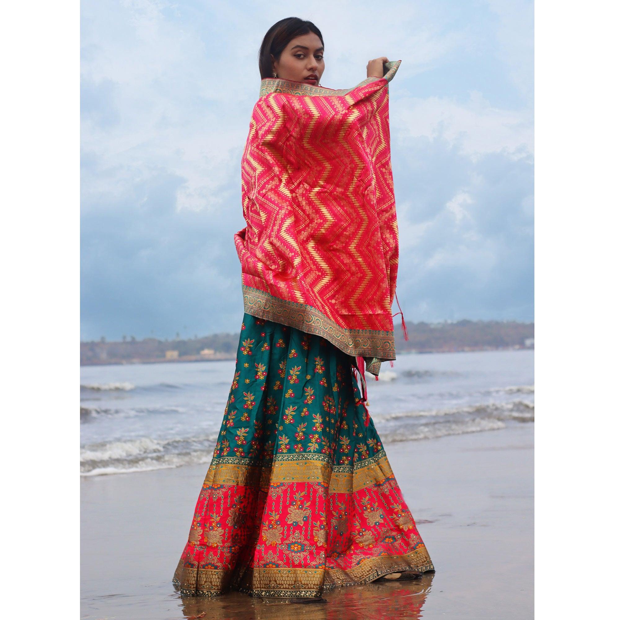 Blue Festive Wear Woven Banarasi Silk Lehenga Choli - Peachmode