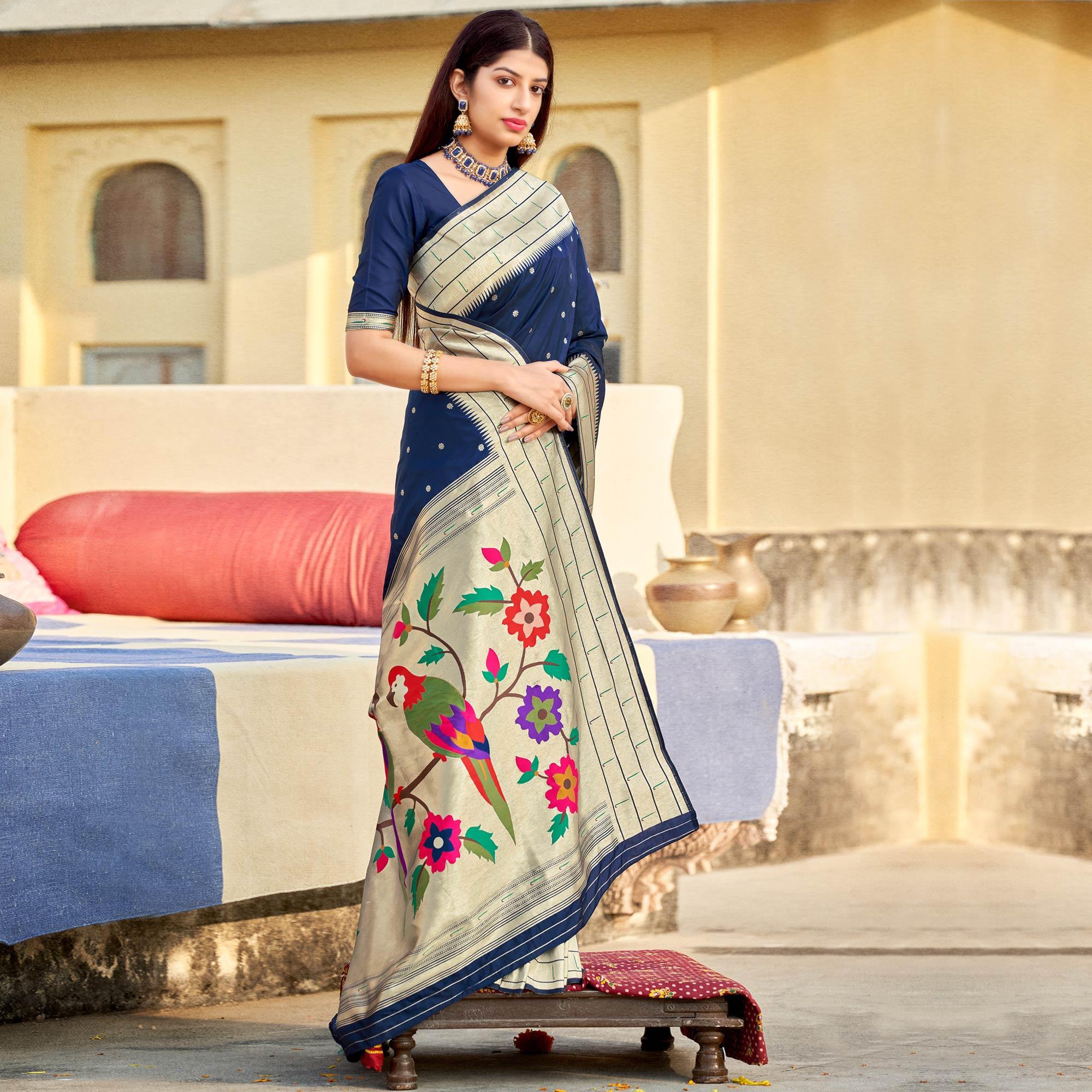 Blue Festive Wear Woven Banarasi Silk Saree - Peachmode
